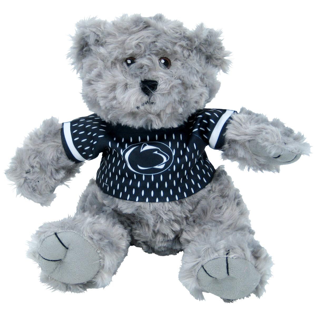 plush stuffed gray bear with Penn State football jersey
